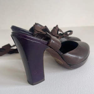 unworn Dries Van Noten heels chocolate brown leather purple patent heels ankle ribbon tie buckle Liberty London eu size 36