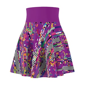 May include: A purple skirt with a colorful geometric pattern. The skirt has a high waist and a flared silhouette.
