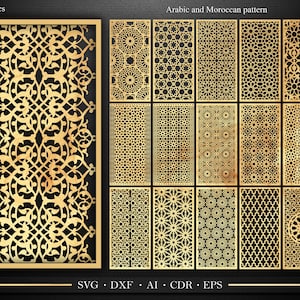 Op de afbeelding: Een set van 20 digitale bestanden met ingewikkelde Arabische en Marokkaanse patronen. De patronen zijn goudkleurig en perfect voor lasersnijden, CNC-frezen of andere knutselprojecten. De bestanden zijn beschikbaar in de formaten SVG, DXF, AI, CDR en EPS.