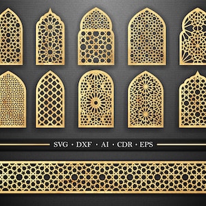 Op de afbeelding: Een verzameling goudkleurige, ingewikkeld bewerkte architectonische designelementen. De ontwerpen hebben boogvormige vormen en geometrische patronen, geschikt voor decoratieve of designprojecten. De afbeelding bevat ook een horizontale rand met een vergelijkbaar ontwerp en de tekst "SVG • DXF • AI • CDR • EPS".