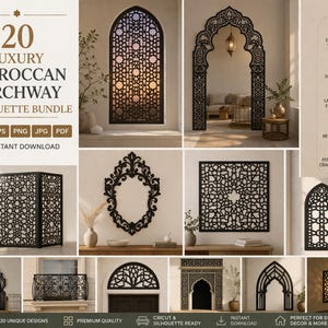 May include: A collection of black Moroccan archway silhouette designs. The image includes various archway shapes, a room divider, and decorative wall art. Text on the image reads "20 Luxury Moroccan Archway Silhouette Bundle" and "Instant Download."