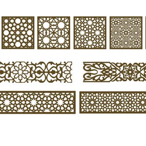 May include: A selection of laser-cut decorative panels and borders in brown. The designs feature intricate geometric patterns, including stars and floral motifs, suitable for craft projects or home decoration.