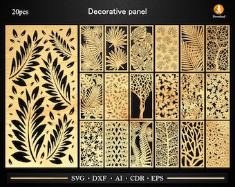 Könnte beinhalten: Ein Set mit 20 dekorativen Holzpaneelen mit verschiedenen floralen und geometrischen Designs. Die Paneele sind lasergeschnitten und bereit für Bastelprojekte, Wohnkultur oder DIY-Projekte. Der Text "Dekoratives Paneel" und "20pcs" ist oben im Bild sichtbar.