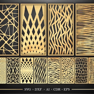 Op de afbeelding: Een set van 12 digitale snijbestanden met verschillende geometrische patronen. De patronen omvatten een web, diamanten, strepen en dierenprints. De bestanden zijn beschikbaar in de formaten SVG, DXF, AI, CDR en EPS.