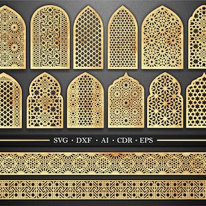 Moroccan Arch Window Graphic,Arabic, Arch window decor with Islamic ornaments. CNC and laser cutting files Dxf, Svg.