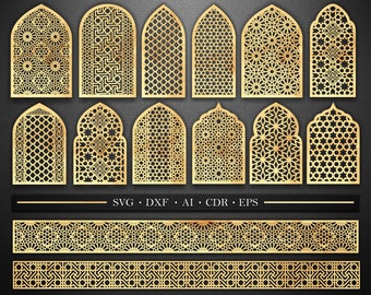 May include: Set of 10 intricate, gold-colored, geometric window designs with a distressed, aged look. The designs are perfect for laser cutting, CNC routing, or other crafting projects. SVG, DXF, AI, CDR, and EPS file formats are included.