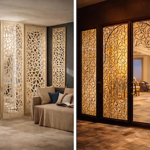 Op de afbeelding: Twee afbeeldingen met interieurontwerpelementen. De linker afbeelding toont licht houten kamerschermen met ingewikkelde uitgesneden patronen. De rechter afbeelding toont een decoratieve glazen deur met een bloemenontwerp, omlijst door donker hout.