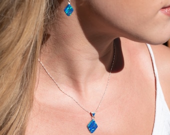 BLUE OPAL SET - Caribbean Blue Opal Pendant and Earrings Set - opal earrings dangle - Opal Necklace and Earrings Set - 571SET (small)