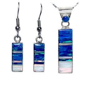BLUE OPAL SET -  Caribbean Blue And White Opal Pendant And Earrings Set - Necklace and Earrings set - Long opal earrings dangle 715SET