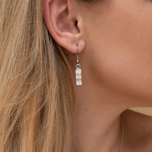 May include: Silver dangle earrings with a white iridescent rectangular charm.