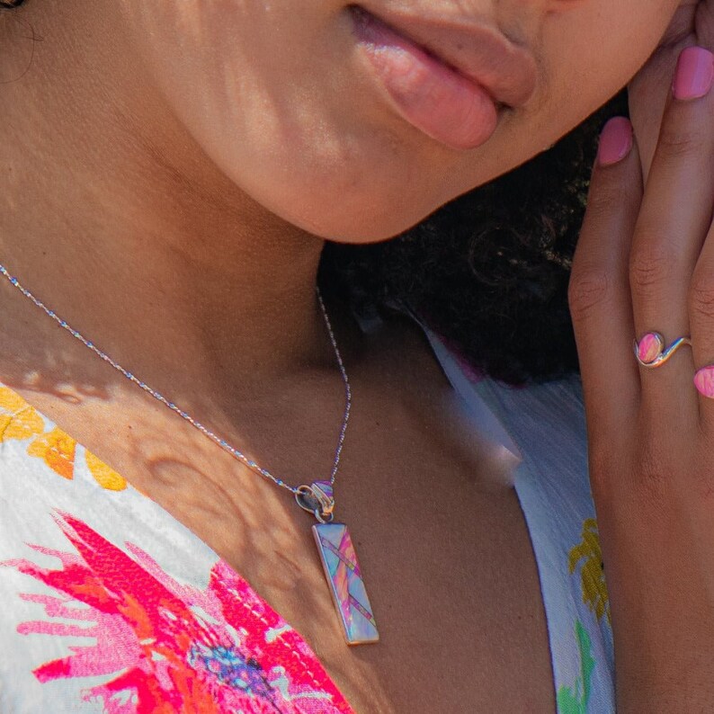 PINK OPAL NECKLACE - Pink and White Fire Opal Pendant and Chain - Long Pendant 766PD - Pink Opal Pendant afbeelding 3