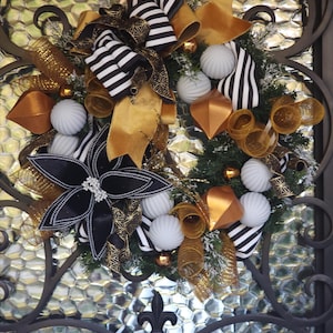 Elegant Black, Gold & White Holiday Wreath - Lighted Front Door Decor