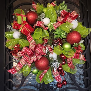 Green Monster inspired Christmas Wreath for Front Door, Red Green, Lighted
