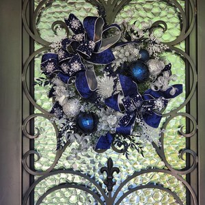 Navy and Silver Holiday Door Decor | Snowflake Ribbon Wreath | Elegant Handmade Winter Wreath | Indigo Reverie Collection