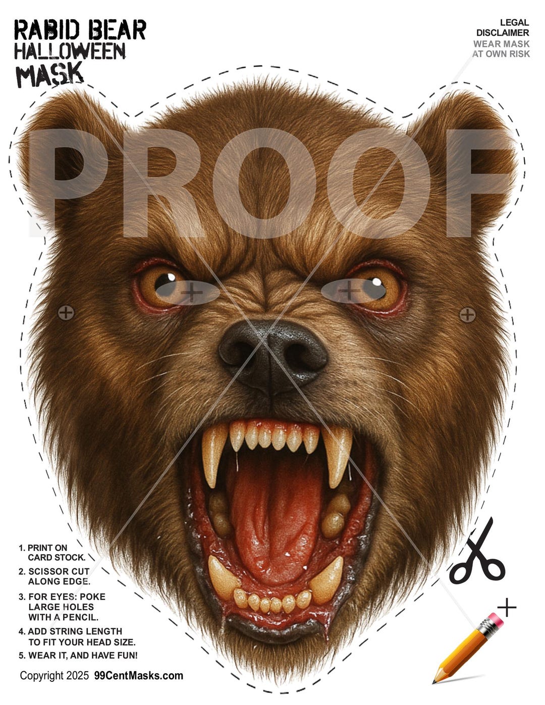 Scary Rabid Bear Halloween Mask: Printable Costume (digital