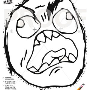 Puede incluir: Plantilla de máscara de Halloween imprimible en blanco y negro de una cara de rabia. La máscara está delineada con una línea discontinua e incluye instrucciones para cortar y ensamblar la máscara. El texto "RAGE GUY HALLOWEEN MASK" está en la parte superior de la imagen. El texto "LEGAL DISCLAIMER WEAR MASK AT OWN RISK" está en la parte superior derecha de la imagen.