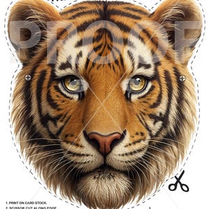 May include: A printable tiger mask template with the text "KIDS PARTY MASK TEMPLATE DIY FUN PROJECT! TIGER." The mask features a detailed illustration of a tiger's face, with instructions for cutting and stringing. Includes a pencil and scissors graphic.