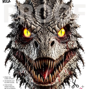 May include: A detailed, realistic Alien Lizard Halloween Mask with sharp teeth, glowing yellow eyes, and a textured, gray-brown surface. The mask has a jagged outline and instructions for assembly. Text includes "Alien Lizard Halloween Mask" and "Wear Mask at Own Risk."