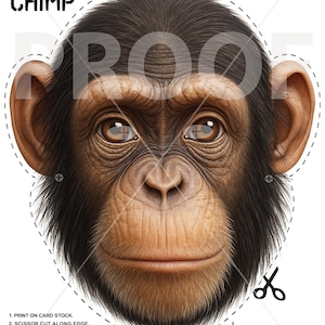 May include: A printable DIY chimp mask template for kids. The mask features a detailed illustration of a chimp's face, with instructions for cutting and stringing. Includes text: "KIDS PARTY MASK TEMPLATE DIY FUN PROJECT! CHIMP".