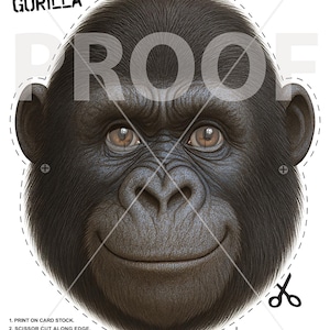 Puede incluir: Una plantilla imprimible de máscara de gorila con el texto "KIDS PARTY MASK TEMPLATE DIY FUN PROJECT!" y "GORILLA". La máscara presenta una ilustración detallada de la cara de un gorila, con instrucciones de montaje y una advertencia sobre las tijeras.