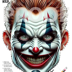 Printable Halloween Mask - Scary Crazy Clown Design | Download and Print | Fun and Easy Halloween Mask | 99 Cent Download | Costume Mask