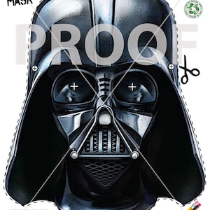 May include: Printable Darth Vader Halloween mask. The mask is black and white with a detailed illustration of Darth Vader's face. The mask is designed to be cut out and worn. The instructions for making the mask are included on the page.