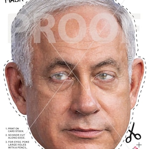 Könnte beinhalten: Eine bedruckte Papiermaske mit dem Gesicht eines Mannes, mit grauem Haar und neutralem Ausdruck. Die Maske ist mit einer gepunkteten Linie zum Ausschneiden versehen und enthält Anweisungen und den Text "Ben Netanyahu Halloween Mask."