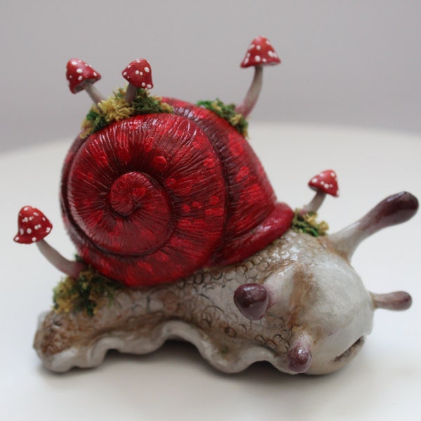 Mushroom Snail Statue | Handmade Polymer Clay Fungi Snail Sculpture | One of a Kind Clay Model | Cute Cottage Core Ornament Christmas Gift |