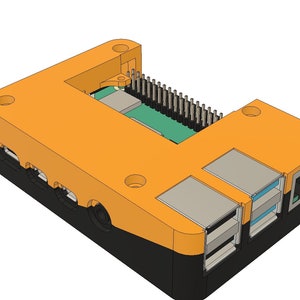 May include: Orange and black plastic case for a Raspberry Pi computer. The case has a cutout for the Raspberry Pi's GPIO pins and includes slots for USB ports and an ethernet port.