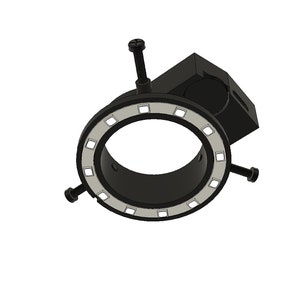 May include: Black ring light with a white LED strip and a mounting bracket. The ring light has four screws for attaching it to a surface.