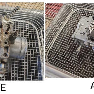 May include: Side-by-side comparison of a carburetor before and after cleaning. The "BEFORE" image shows a dirty, corroded carburetor. The "AFTER" image shows a clean, restored carburetor. Both are in a metal mesh basket.