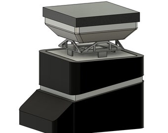 May include: A black and gray 3D printed model of a building with a square base and a flat roof. The roof is supported by a metal frame and has a gray top.