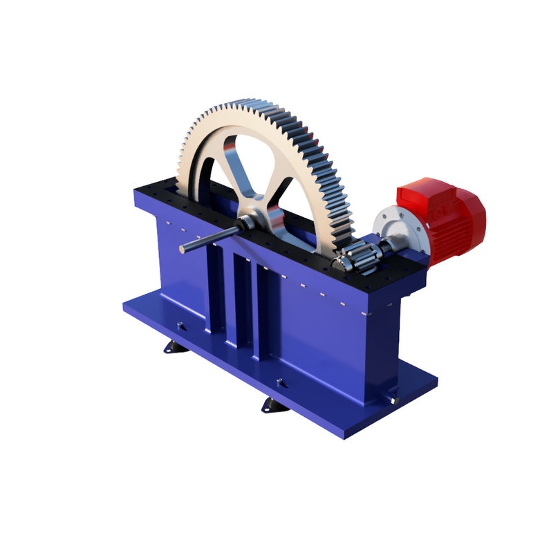 May include: A blue metal gear system with a large gear wheel and a smaller gear connected to a red electric motor.