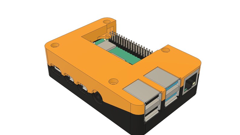 May include: Orange and black plastic case for a Raspberry Pi computer. The case has a cutout for the Raspberry Pi's GPIO pins and includes slots for USB ports and an ethernet port.
