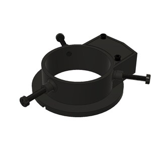 May include: Black metal telescope mount with adjustable screws. The mount has a circular base and a ring with a square attachment point.