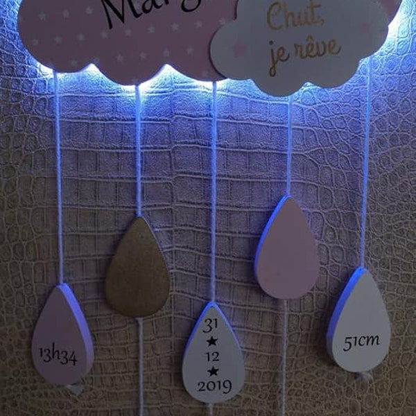 Veilleuse nuage bois, décoration lumineuse chambre fille, applique murale lumineuse