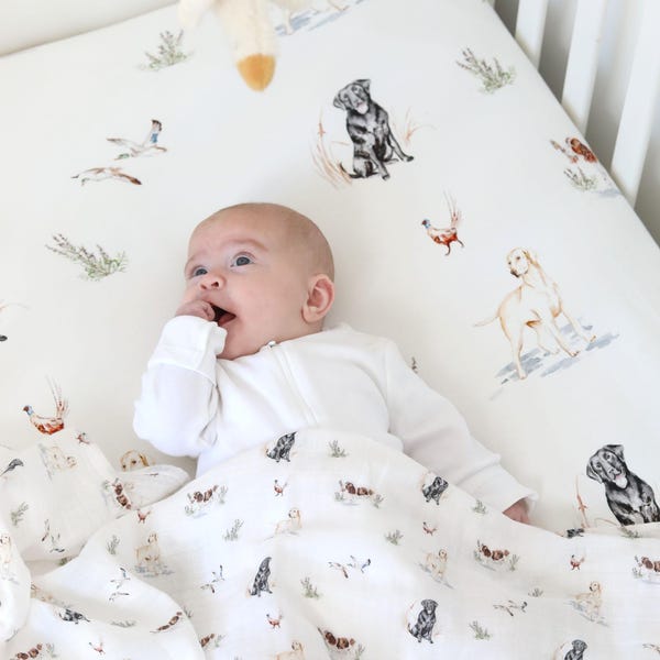 Dog print cot bed sheet (organic cotton)
