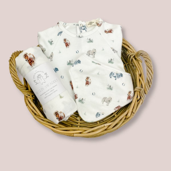 Coffret cadeau pour bébé en coton bio à imprimé poney (3 articles) | Emballage cadeau gratuit et message cadeau