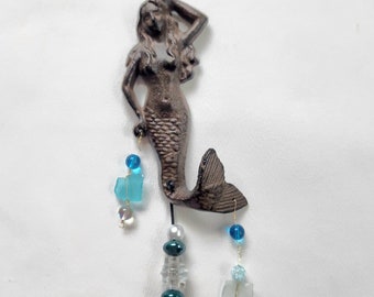 Ocean, beach, coastal whimsical wind chimes. Glass beads, patina painted sea turtles, mermaid, garden art. Hanging spin. OUTDOOR home decor.