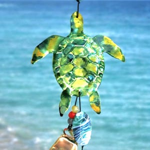 Sea Turtle Wind Chimes and Iron Mermaid wind chimes, Nautical, ocean, beach, garden art. Sea Glass, shells & nana Bells Coastal Decor