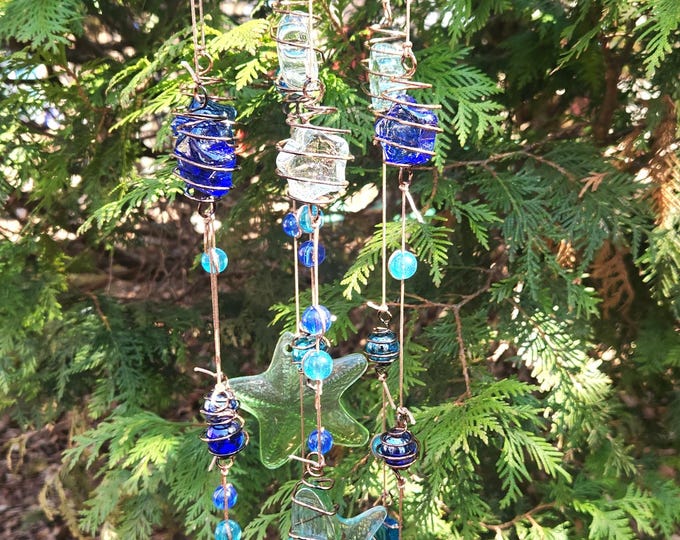 Carved Sea Turtle with Sea Glass Wind Chime - Coastal Garden Decor ...