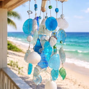 May include: A coastal-themed wind chime featuring a starfish and seashells. The chime includes blue and clear glass pieces, white seashells, and beads in shades of blue and green. The wind chime hangs from a wooden beam, with a beach and ocean in the background.