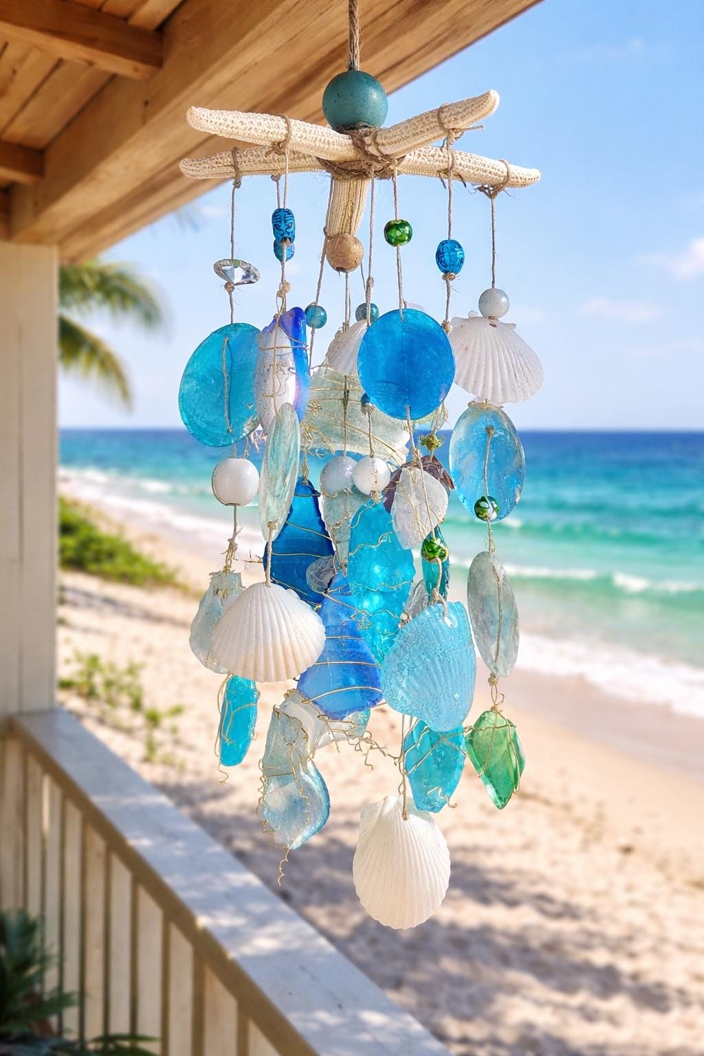 気まぐれSALE マーメイドShellカクテルクラッシュBlue Starfish SEA GLASS Wind Chime: Beaded Coastal Ocean Scallop Shell