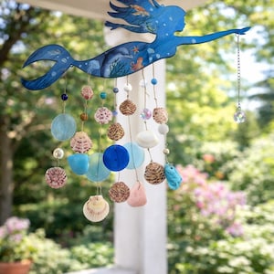 Mermaid sea life Shell Chime: Coastal Teal, ocean blue Glass Bead Decor. 19" x 16" metal with crystal prism Outdoor indoor hanging spinning.