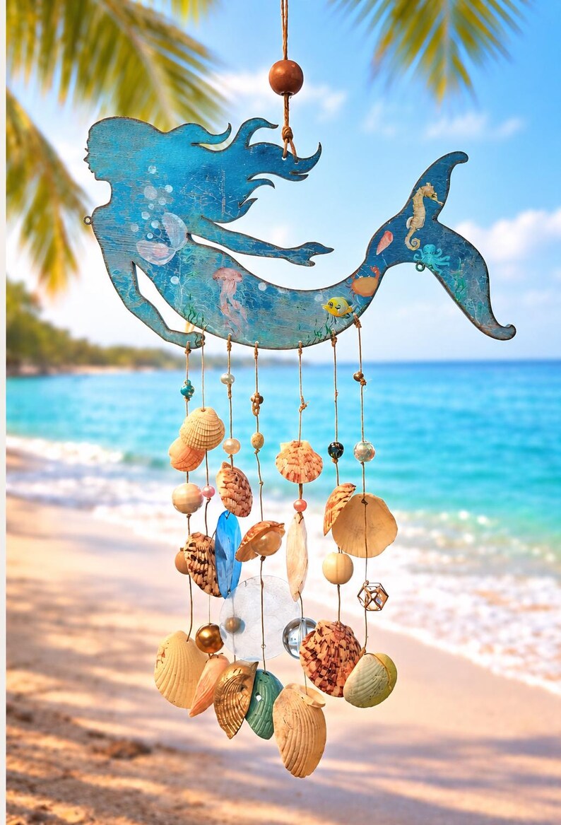 May include: A blue wooden mermaid cutout hanging mobile featuring painted sea life illustrations. Multiple strands of twine are suspended from the mermaid, decorated with various natural seashells, clear glass beads, and small wooden spheres.