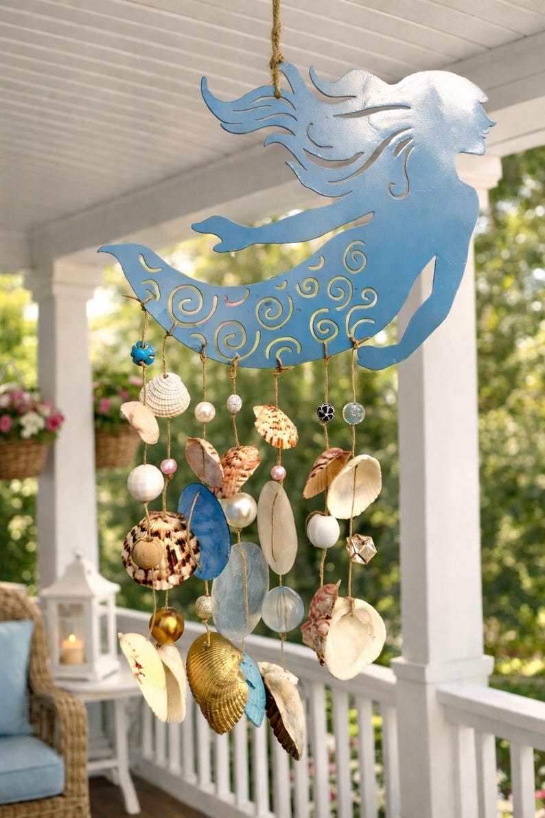May include: A hanging wind chime featuring a light blue metal mermaid silhouette with cut-out swirl patterns. Strands of jute twine hang from the mermaid, decorated with various seashells, white and gold beads, and blue glass accents.