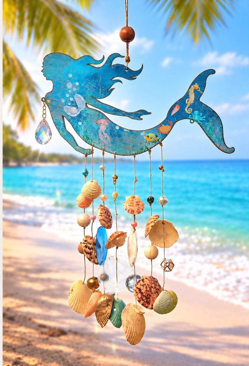 May include: A blue mermaid-shaped wall hanging featuring a distressed finish and illustrations of sea creatures. Multiple strings hang from the mermaid, decorated with various seashells, clear glass beads, wooden spheres, and a faceted crystal drop.