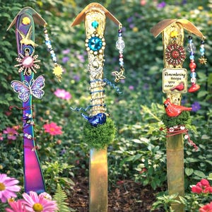 Personalized whimsical Fairy Garden art birdhouse Plant Stake: Vintage knife, Beaded Charm Decor. Nature lover bling for indoor outdoor pots