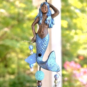 Sea Glass Mermaid Chime: Coastal Ocean beach nautical Decor with Nana Bell, glass beads, shells, aqua cast iron. 18" long and outdoor hardy