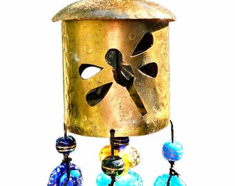 Iron Nana Bell outdoor chimes: Whimsical zen Garden, boho Decor Glass beads, shells Dragonfly, Turtle, owl, dog, cat, butterfly, hummingbird